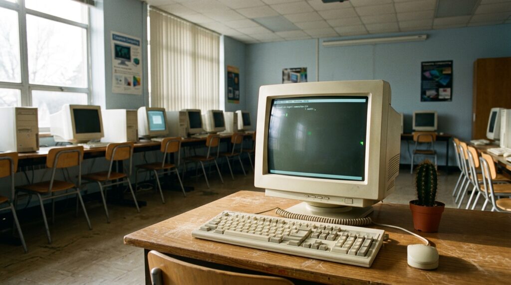 A cactus next to a monitor in a computer classroom