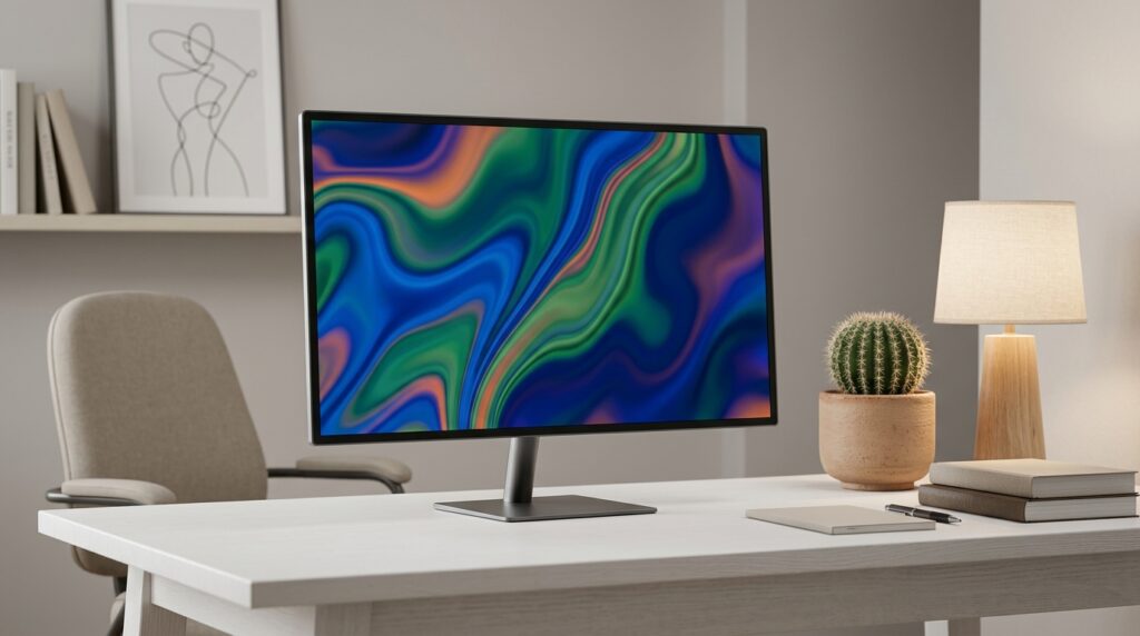 A monitor showing abstract patterns and a cactus on a desk