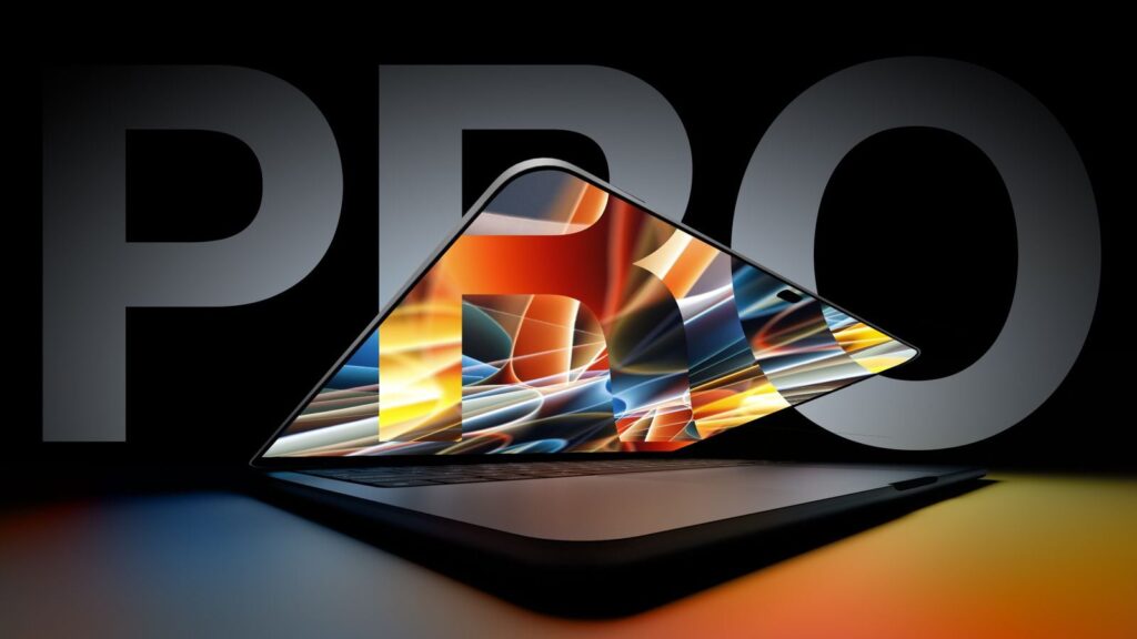 Render of an OLED MacBook Pro, partially open