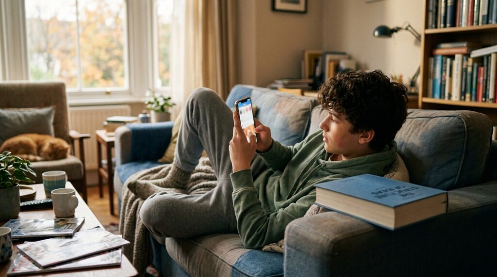 A teenager lying on a sofa looking at a phone next to a book
