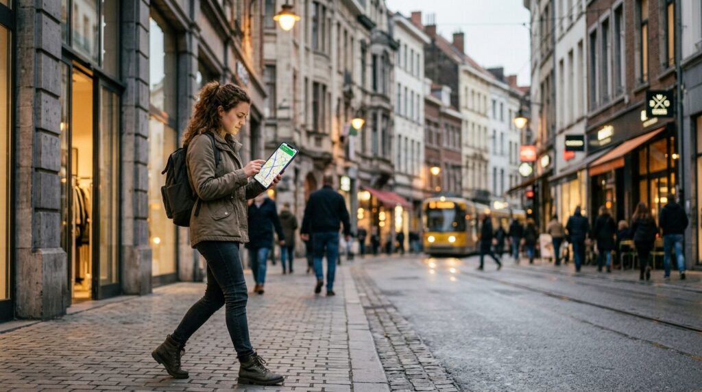 A young woman walking down a city street with a map on her phone screen