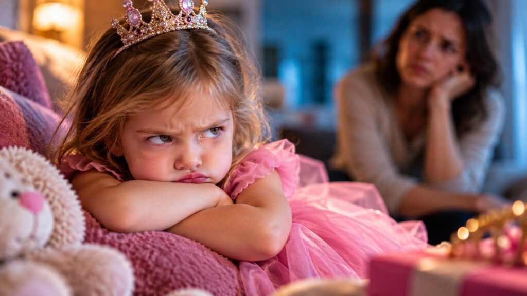 A small, sulking girl in a pink dress