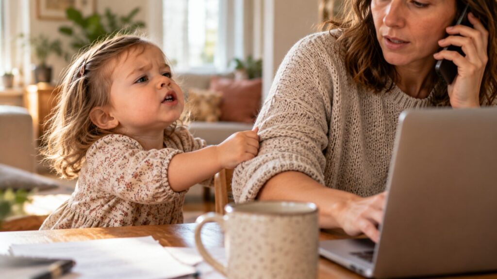 A girl demands attention while her mother talks on the phone