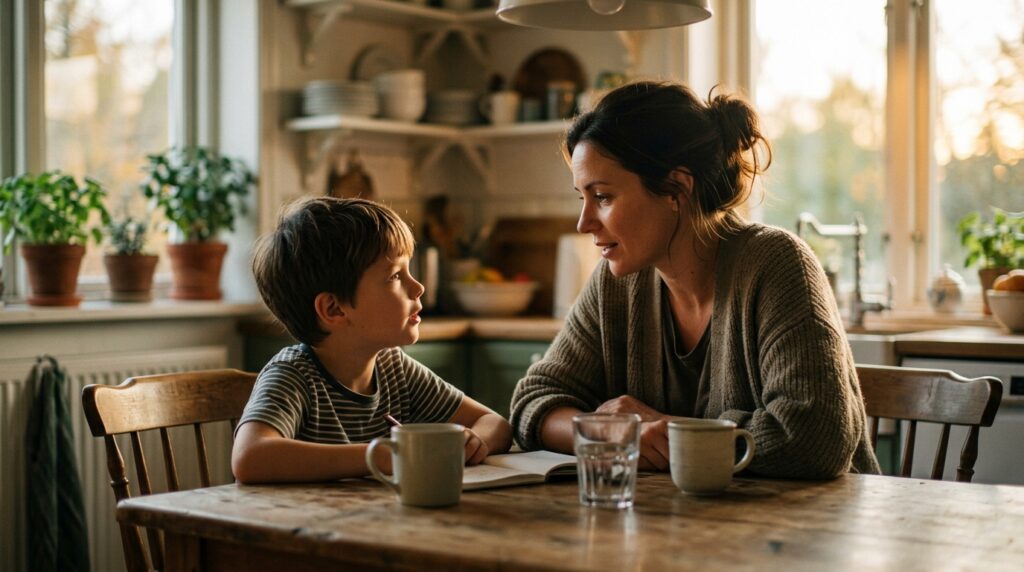 A woman and a boy talking at a kitchen table