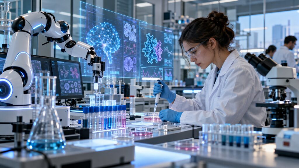 A scientist working in a laboratory with AI