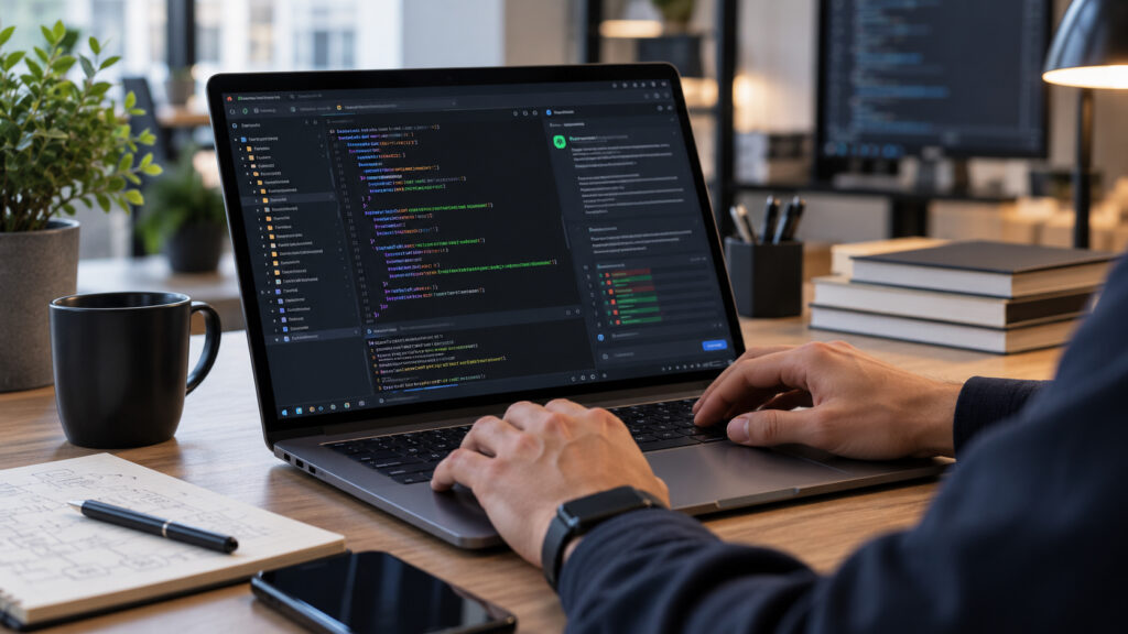 A person at a laptop running an agent-based development environment