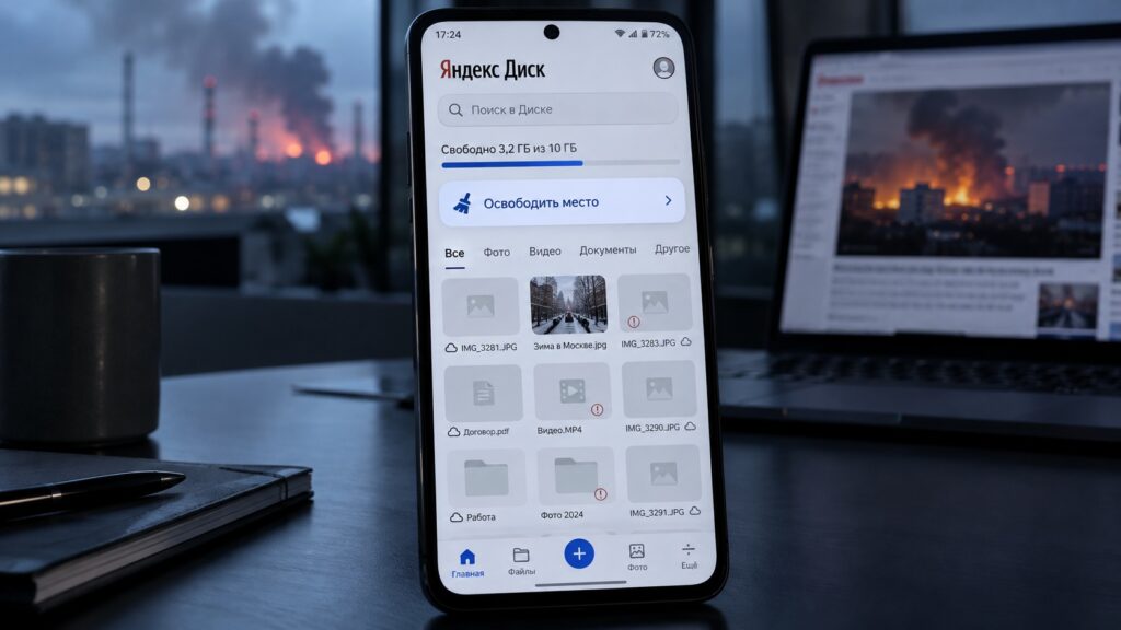 The Yandex Disk app against the backdrop of a data center fire