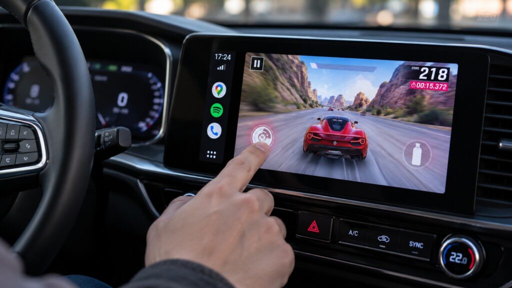 A person playing a game on an Android Auto car display