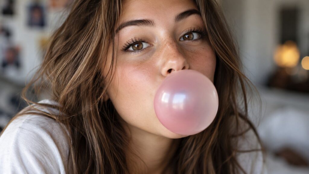 A girl blowing a bubble with chewing gum