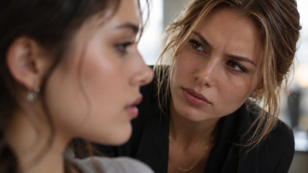A young woman looking another woman up and down