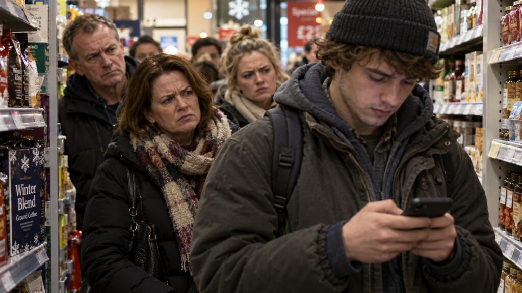 A young man with a crowd of people behind him