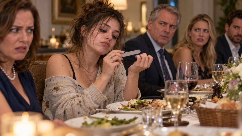 A young woman filing her nails at a table