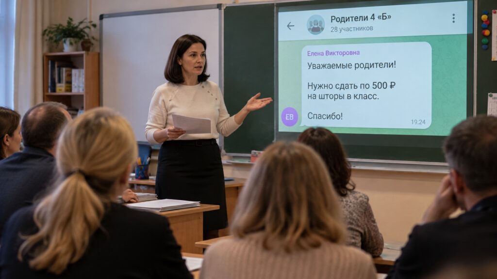 A teacher showing a message asking parents to contribute money for curtains