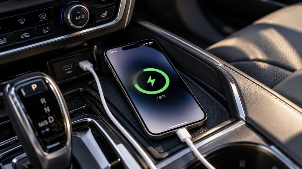 An iPhone on wired charging in a car