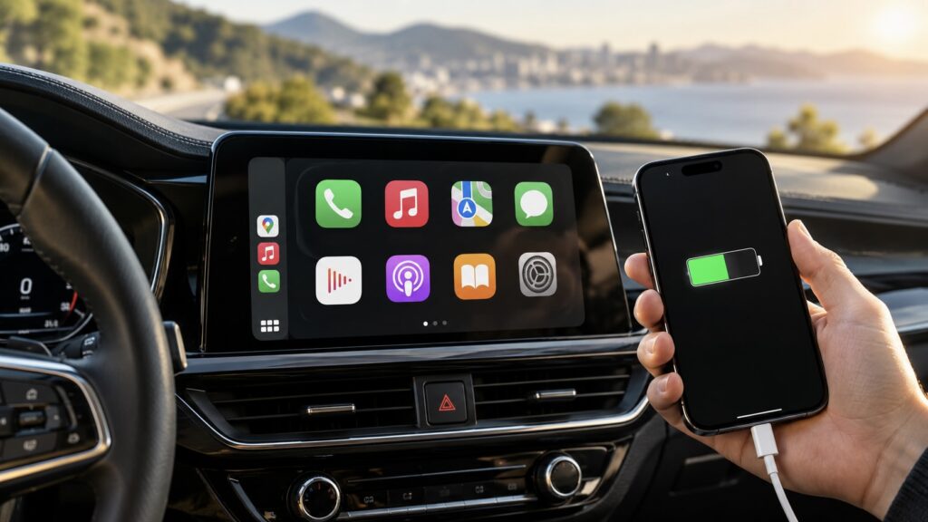 An iPhone charging while connected to CarPlay