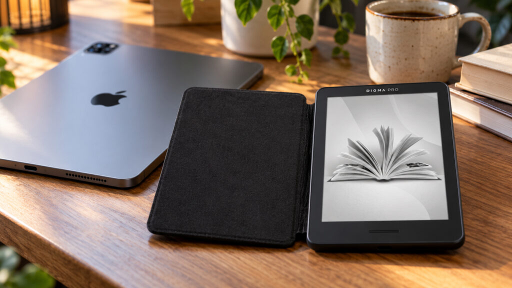 Digma Pro Moon 6 e-reader in its case next to a set-aside iPad