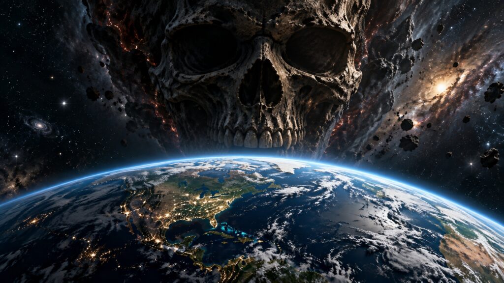 A skull above planet Earth
