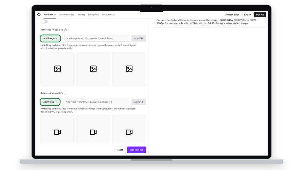 The Add Image and Add Video buttons on fal.ai