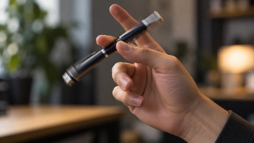 A hand twirling a ballpoint pen