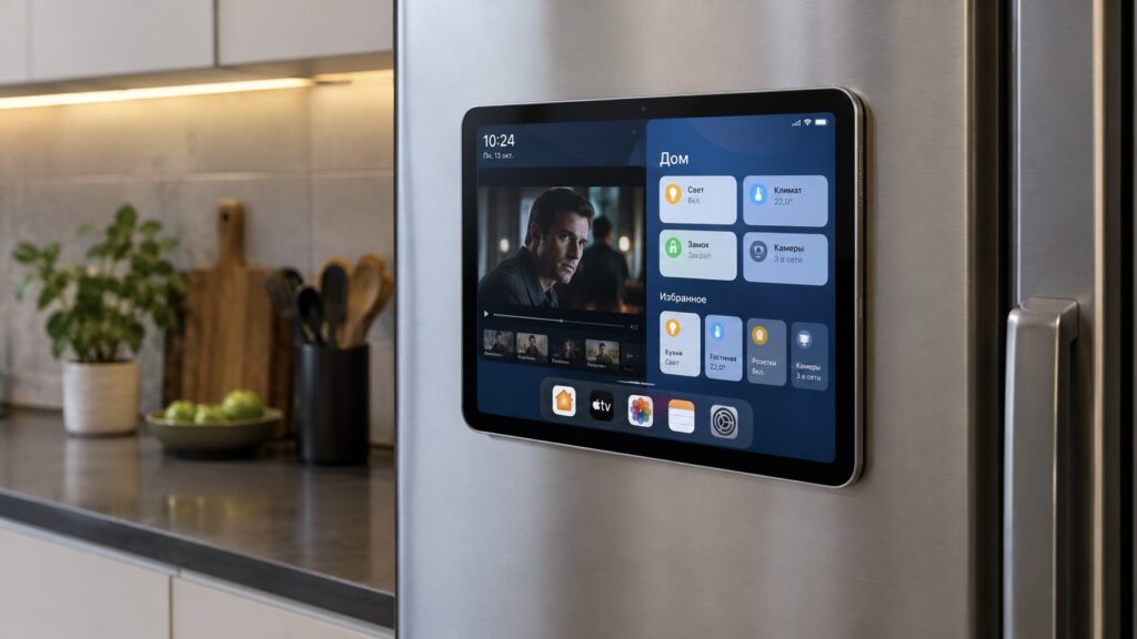 An iPad on a fridge door showing a TV series and Home app tiles