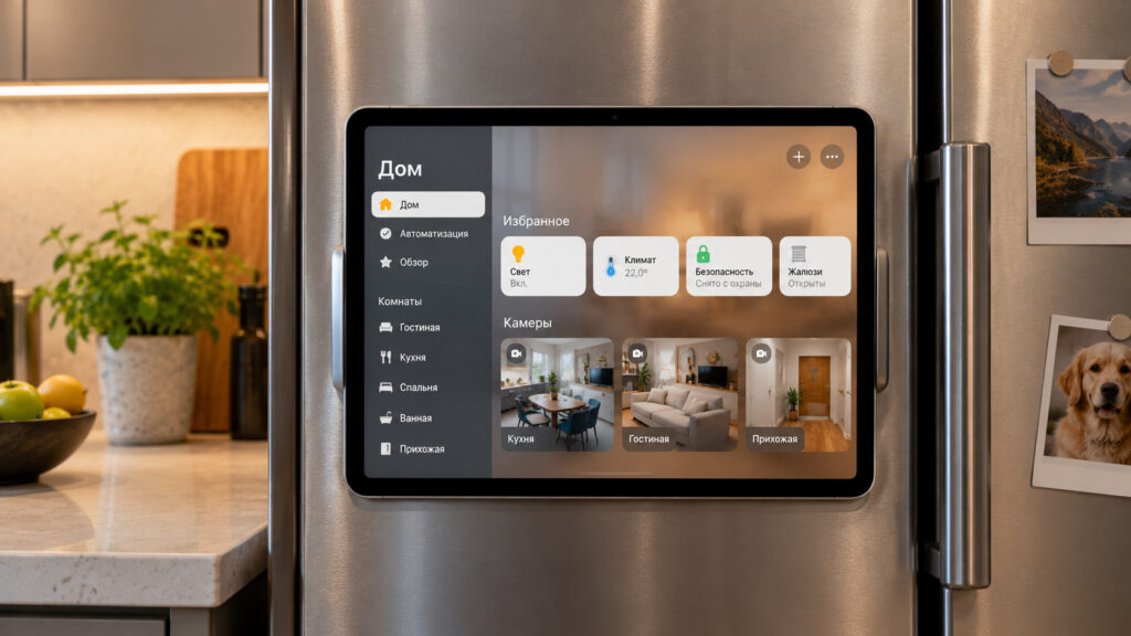 An iPad on a fridge door running the Home app