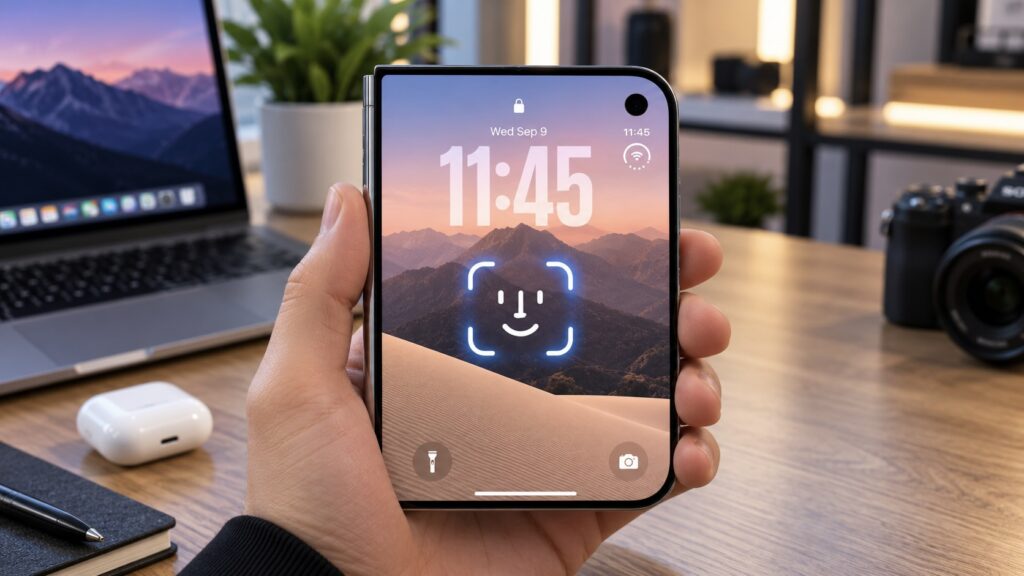 A folded iPhone Duo 2 in hand, with the Face ID icon on the lock screen