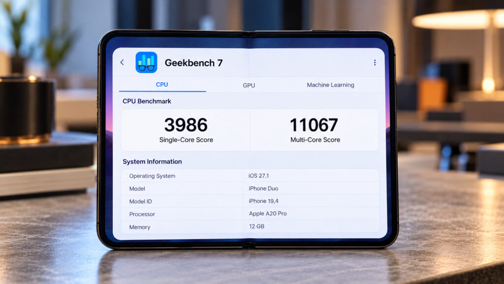 The iPhone Duo unfolded, with a Geekbench 7 result on screen