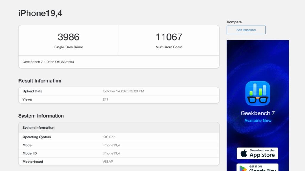 Screenshot of the iPhone19,4 result page in Geekbench 7