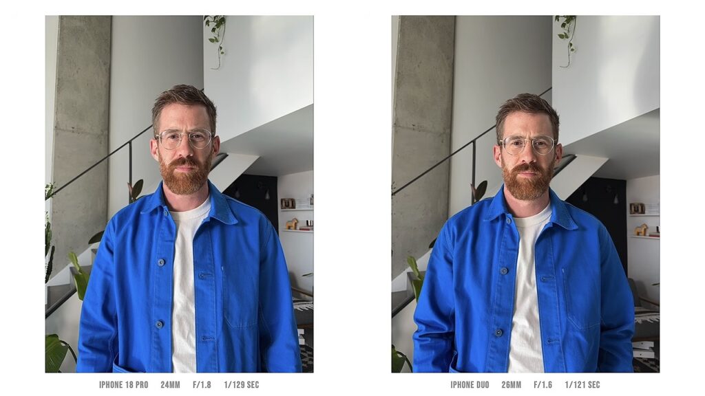 Portrait of a man in a blue jacket in a bright room: iPhone 18 Pro shot on the left, iPhone Duo on the right