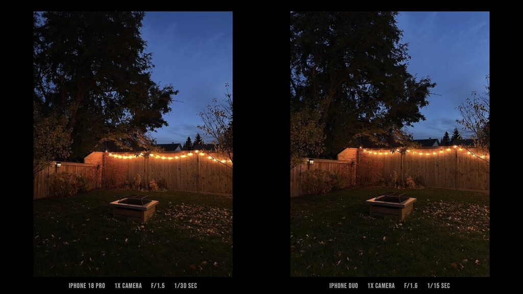 A backyard at dusk with string lights on a wooden fence: iPhone 18 Pro shot on the left, iPhone Duo on the right