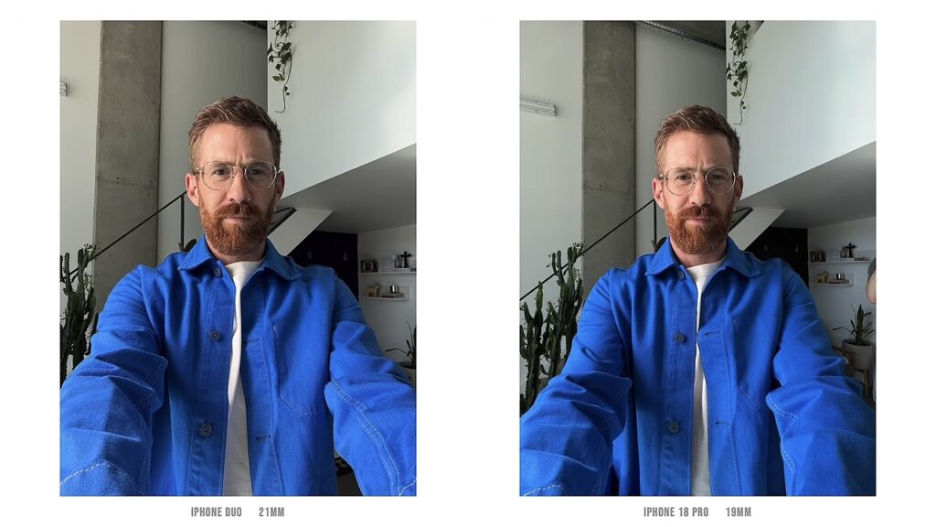Selfie of a man in a blue jacket: iPhone Duo front camera on the left, iPhone 18 Pro on the right