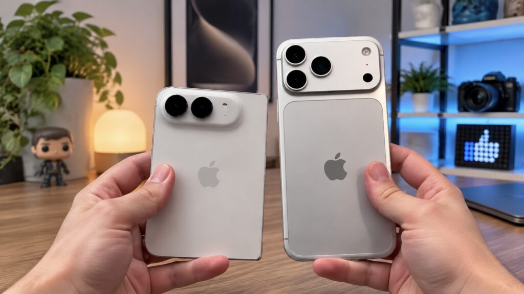 A white iPhone Duo with two cameras and an iPhone 18 Pro with three cameras held in hand, rear view