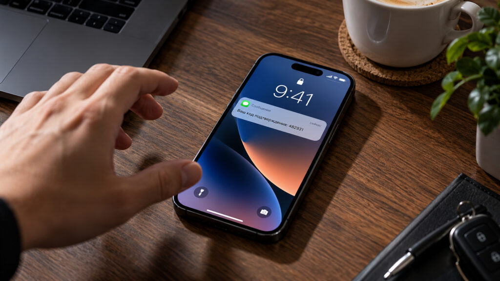 An iPhone lies face up on a table showing a verification code notification on the lock screen while someone's hand reaches toward it