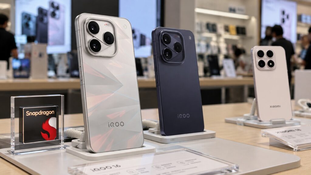 The iQOO 16 smartphone on display in a store