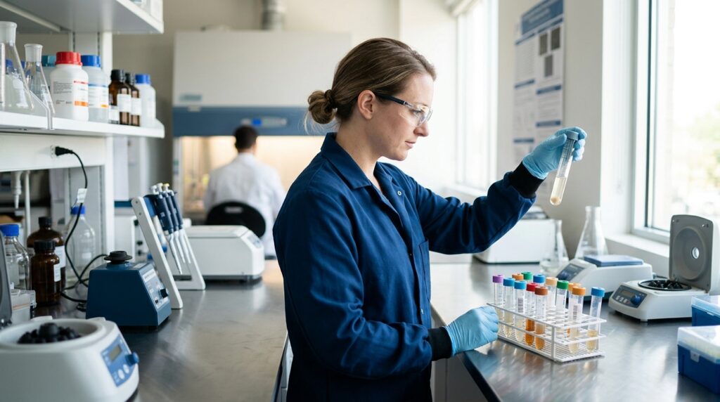 A woman in blue lab clothing examines a test tube of liquid