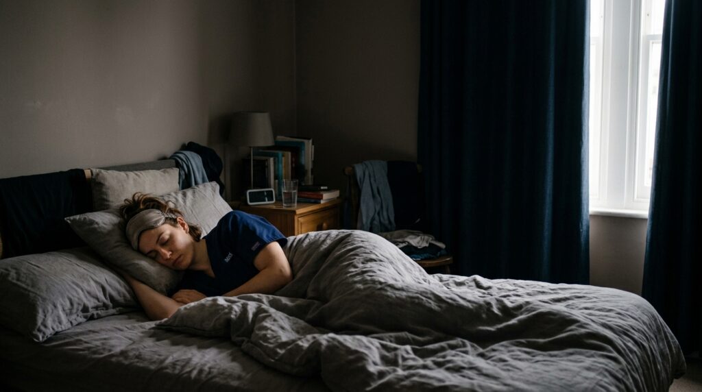 A person sleeping during the day in a darkened bedroom