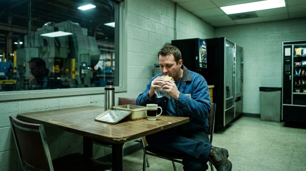 A worker eating a sandwich in a break room under fluorescent lighting