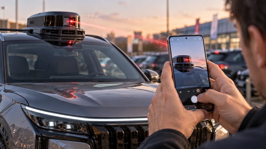 A car's lidar scanner beam reaching a smartphone camera