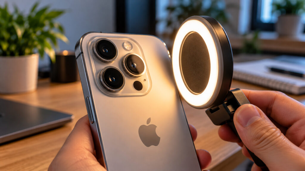 Close-up of an iPhone with a magnetic ring light next to the camera module
