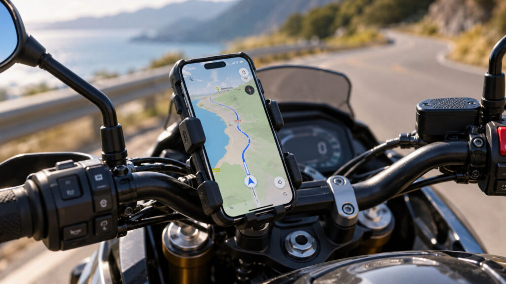 iPhone in a mount on motorcycle handlebars