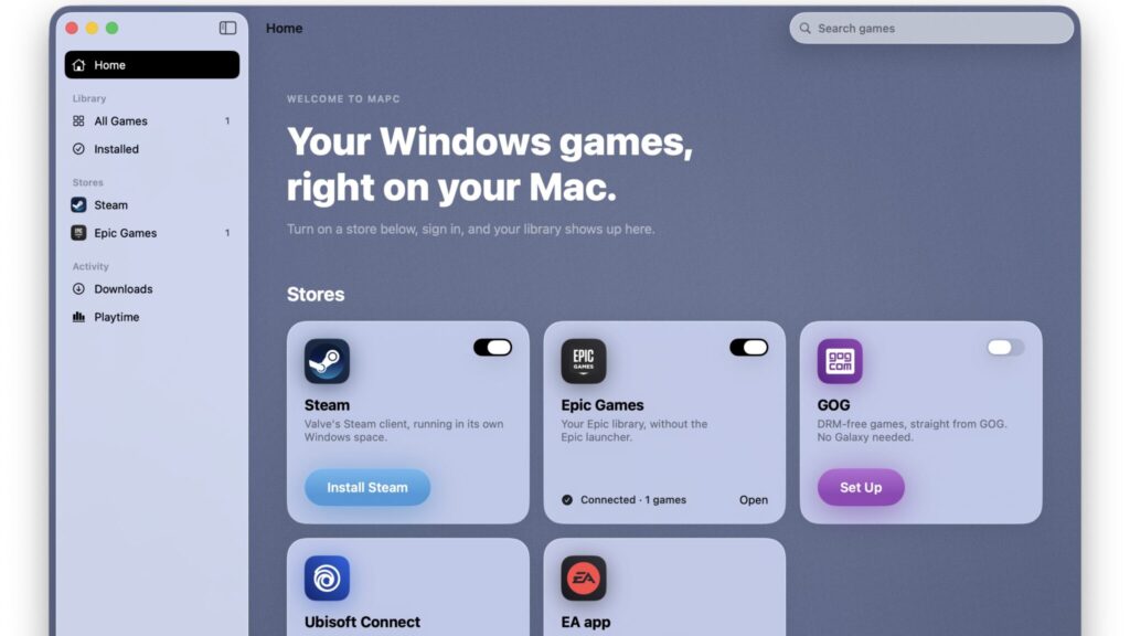MaPC's start screen with store cards for Steam, Epic Games, GOG, Ubisoft Connect and EA app