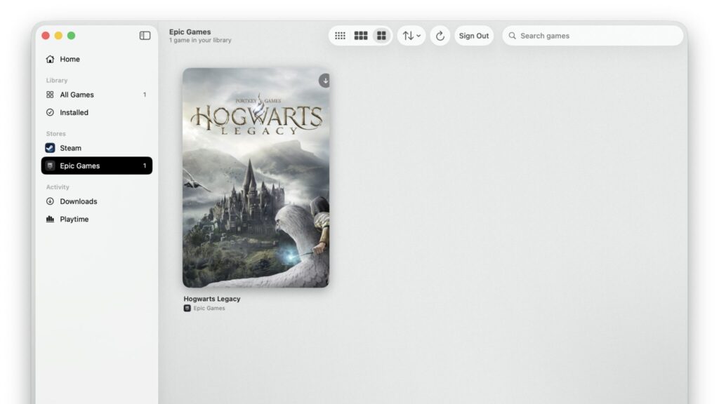 The Epic Games library in MaPC showing a single game, Hogwarts Legacy