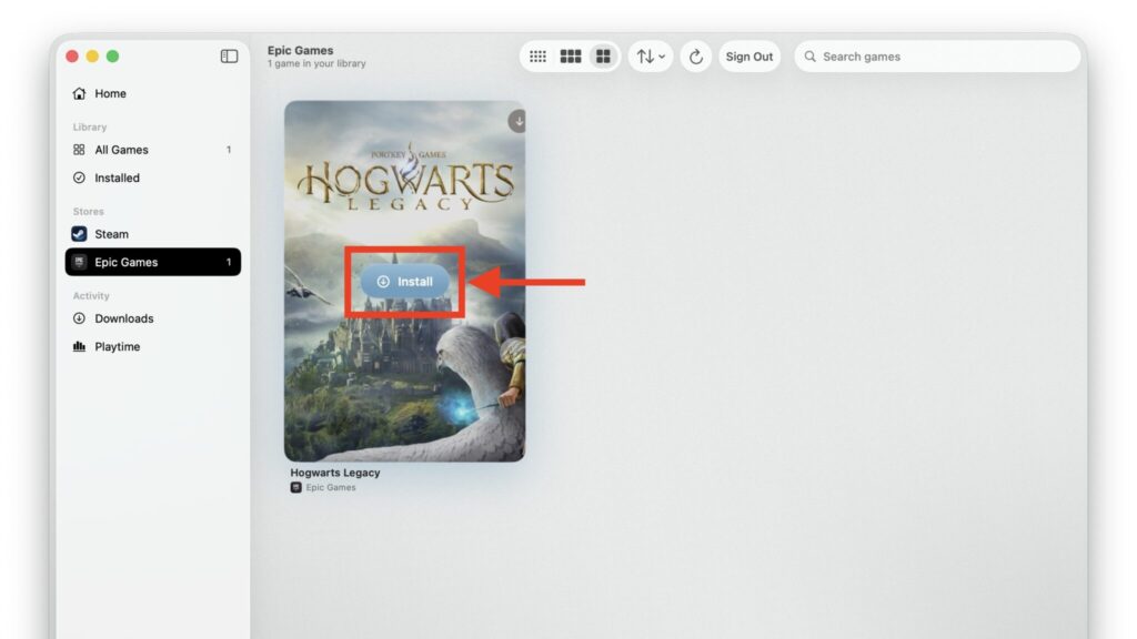 The Hogwarts Legacy cover in MaPC with the Install button highlighted