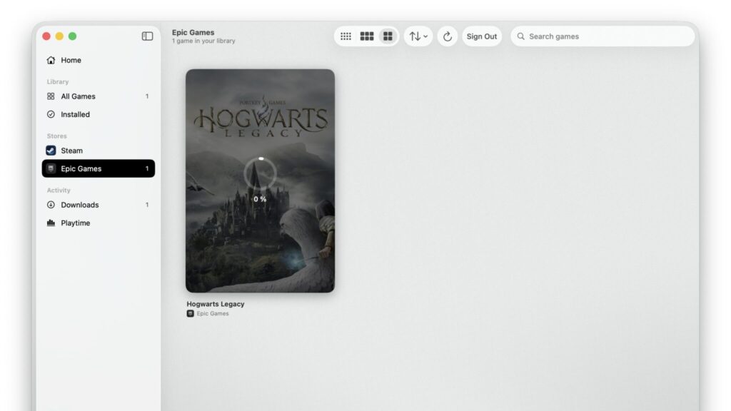 The Hogwarts Legacy cover in MaPC with a download indicator at 0%