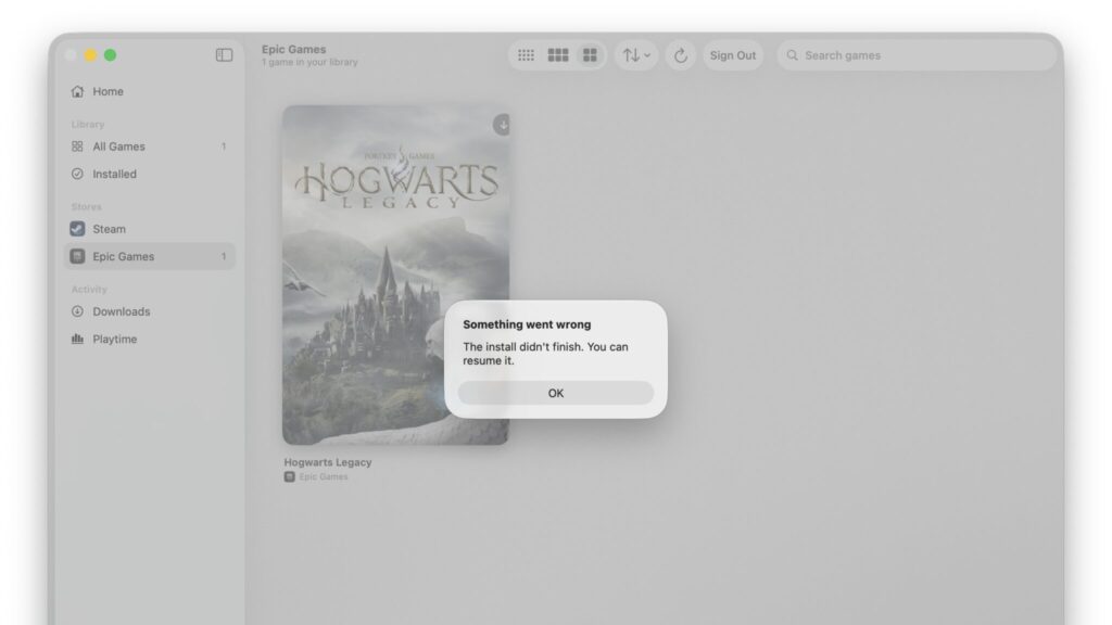 A Something went wrong error window over the Epic Games library in MaPC