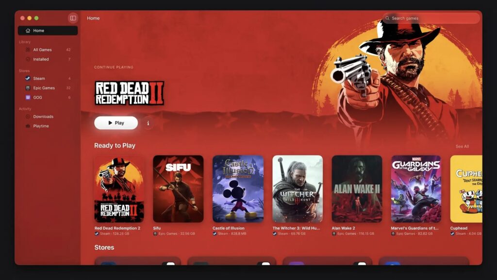 MaPC's main screen showing Red Dead Redemption 2 and a game library from Steam and Epic Games