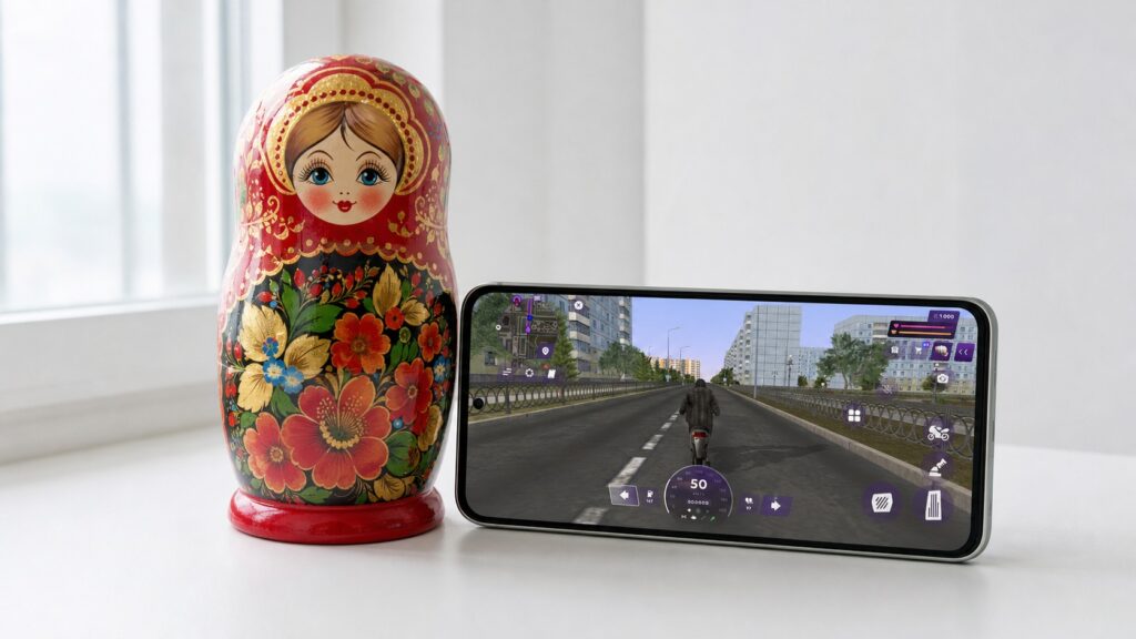 Matreshka RP on a smartphone next to a wooden matryoshka doll