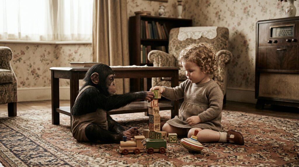 A toddler and a baby chimpanzee playing with blocks in a living room