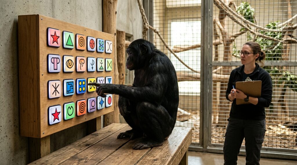 An ape presses colored symbols on a board while a researcher watches
