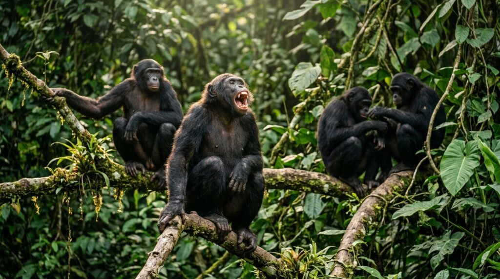 A group of primates on branches in a tropical forest